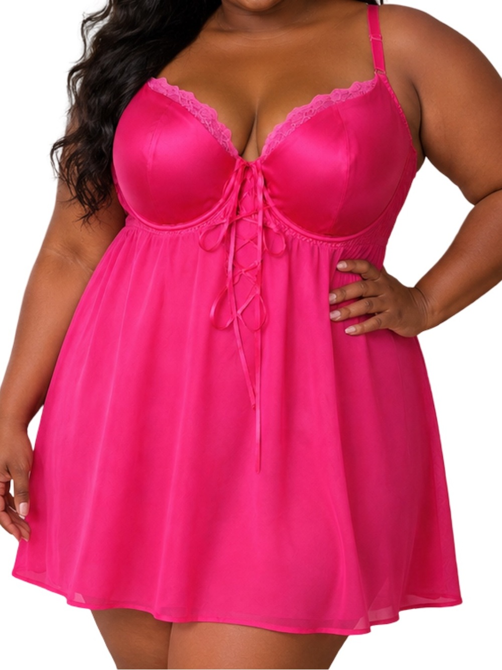 Cacique Hot Pink Silk Lace-Up Babydoll Chemise Plus Size 22/24 NWOT